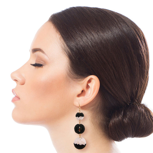 Black and White Trio Seed Bead Ball Earrings