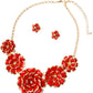 Gold Red Metal Flower Necklace Set