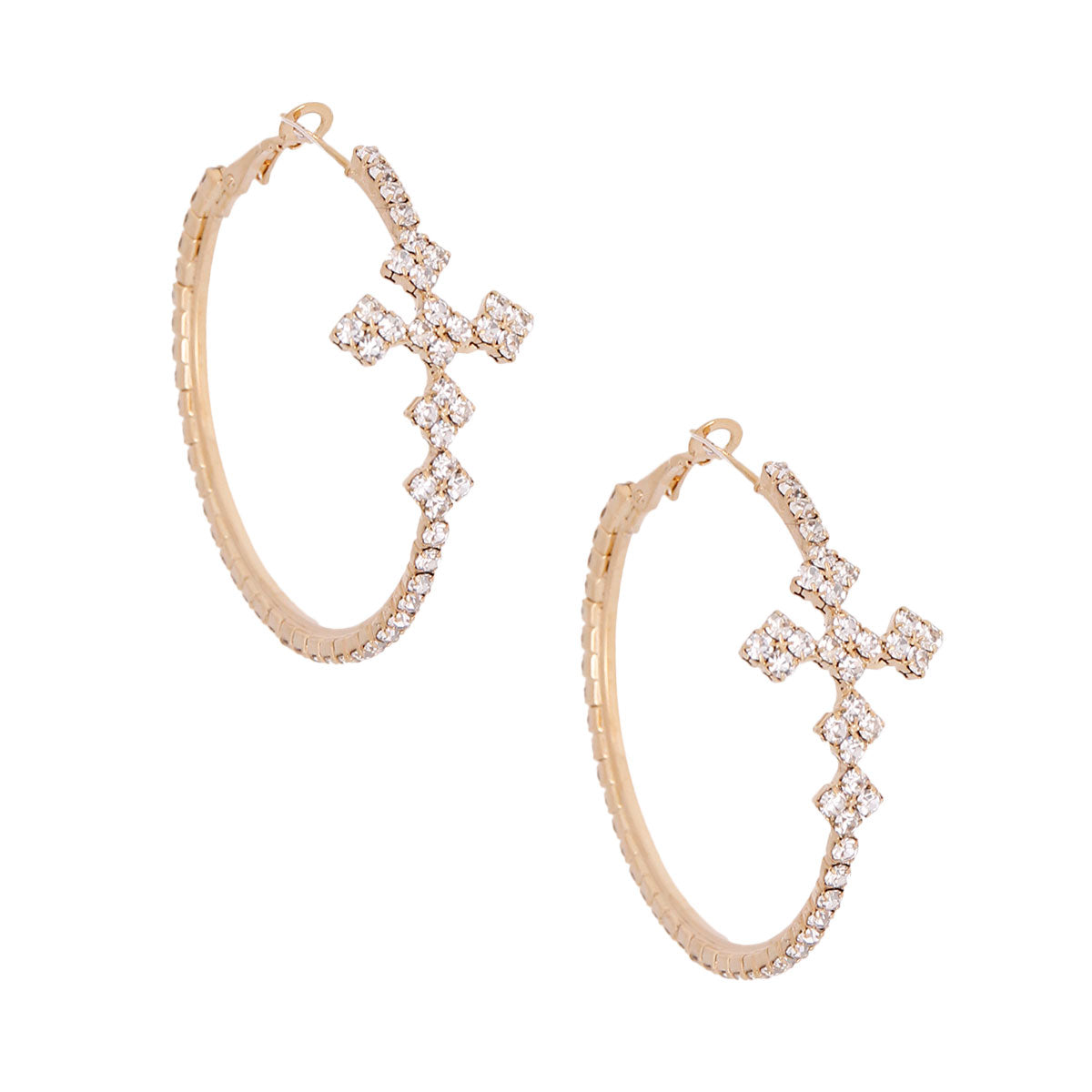 Gold Rhinestone Vintage Cross Hoops