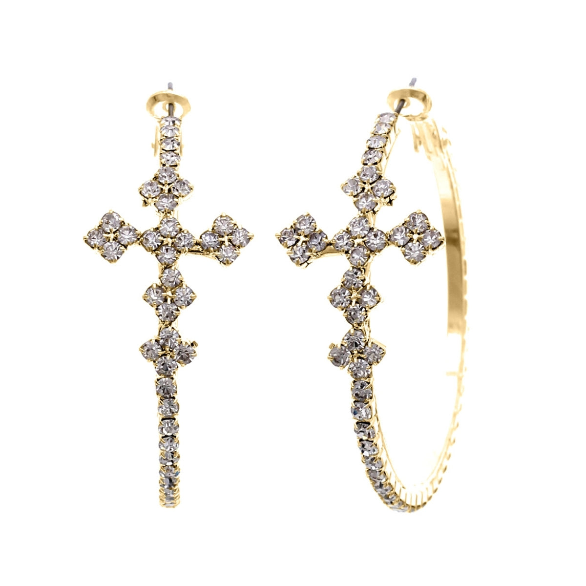 Gold Rhinestone Vintage Cross Hoops