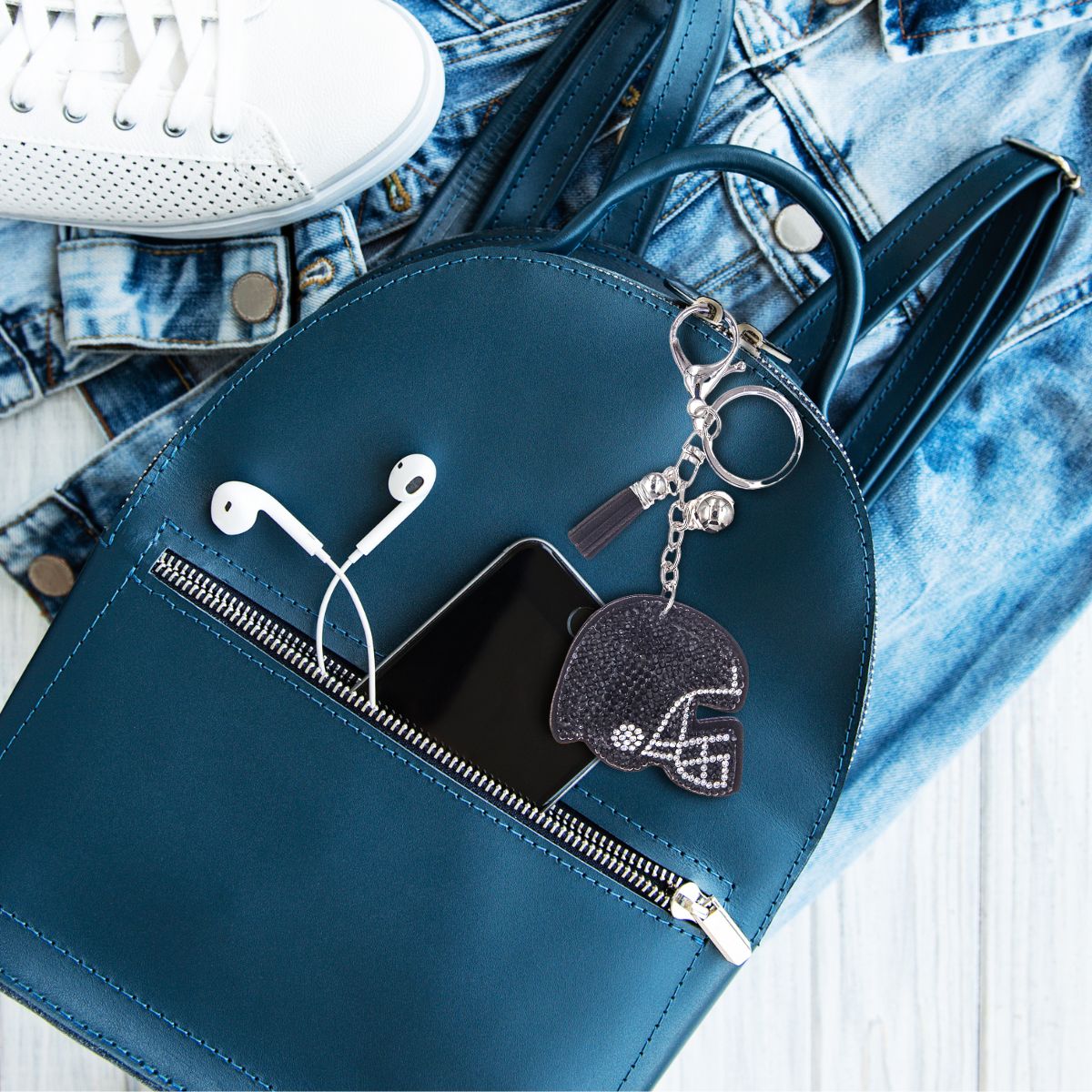 Black Football Helmet Keychain Bag Charm