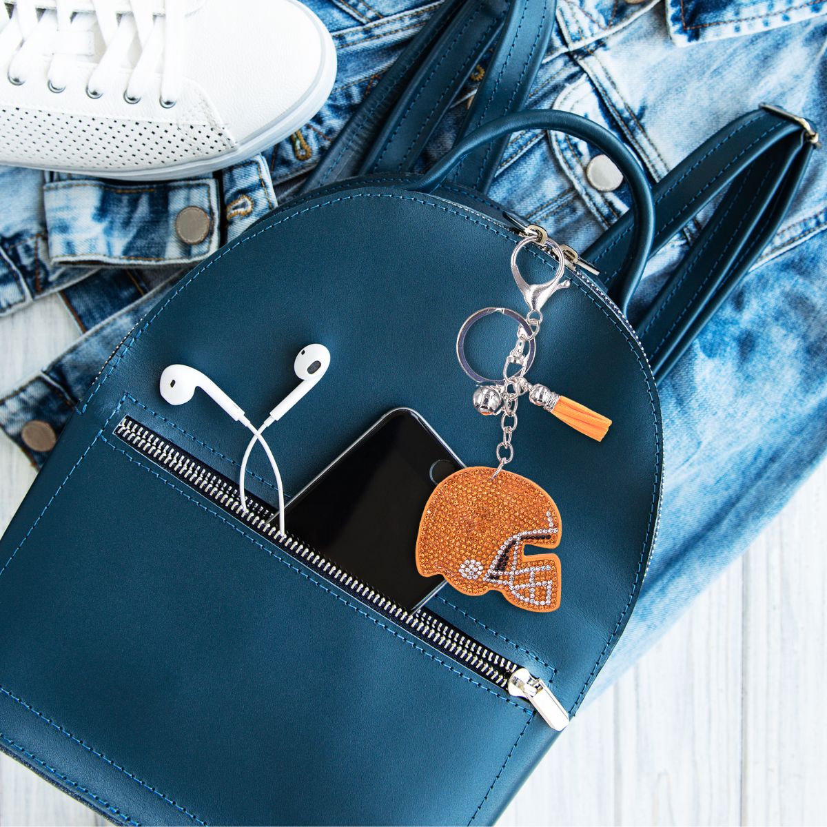 Orange Football Helmet Keychain Bag Charm