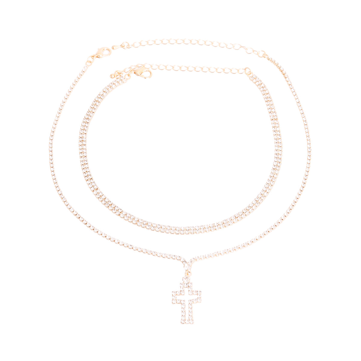 Gold Rhinestone Cross 2 Choker Set
