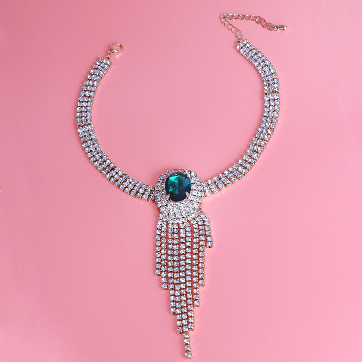 Green Frame Fringe Rhinestone Choker