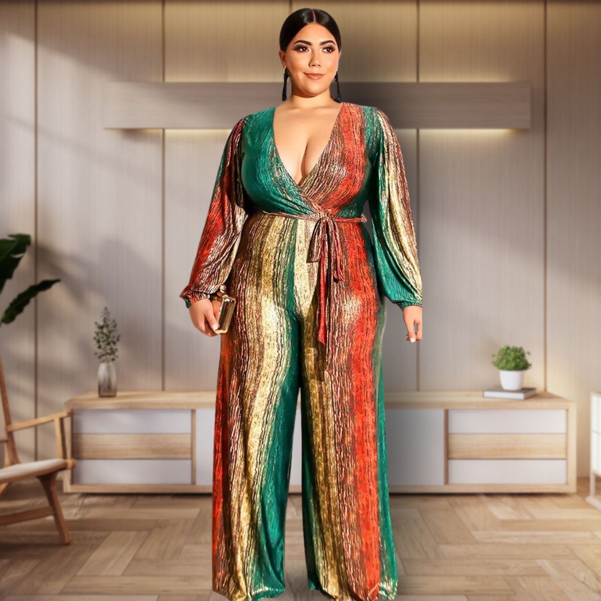 Striped 5XL Belted Jumpsuit