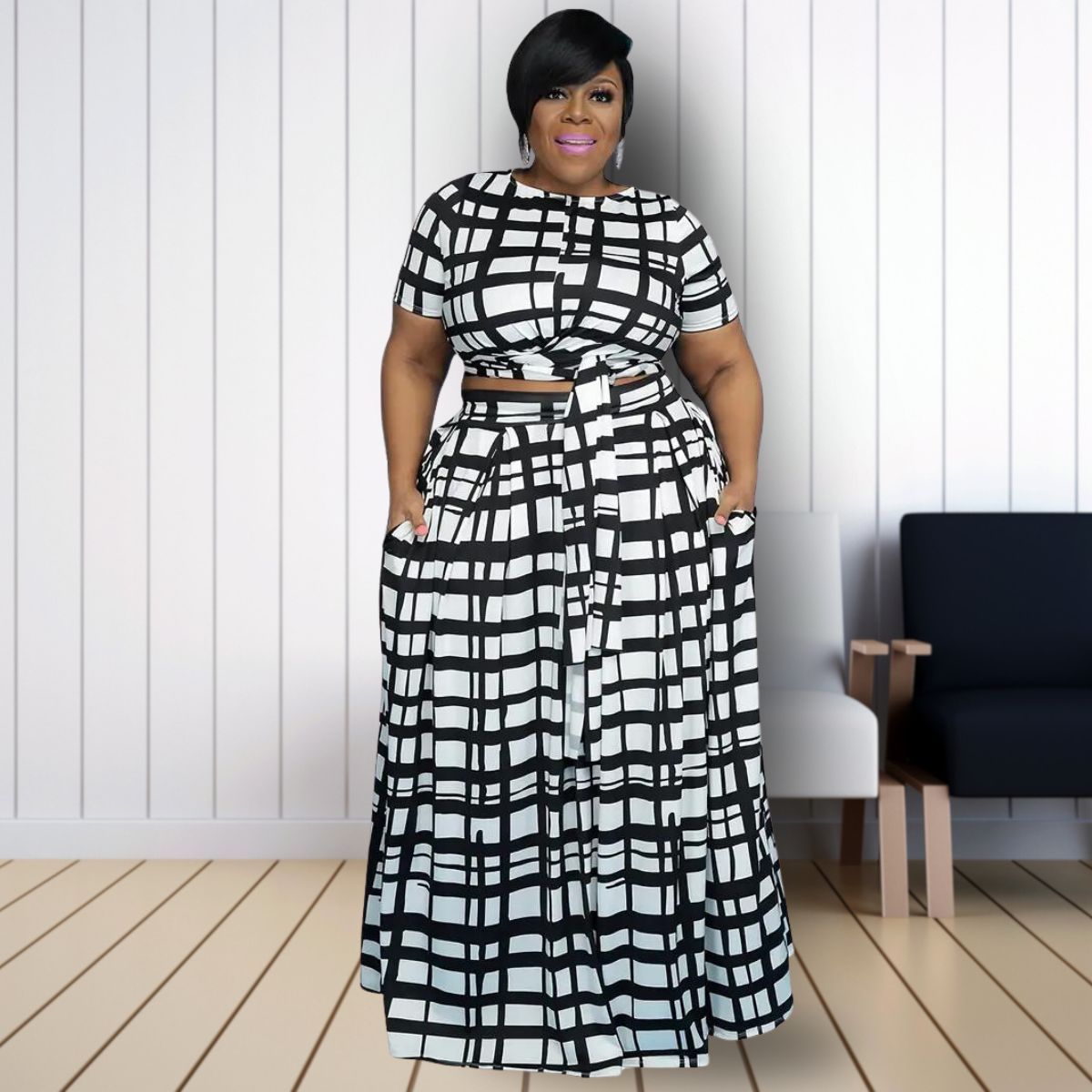 Black White Plaid 2XL Top Skirt Set