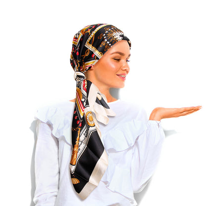 Black Designer Silky Babushka Scarf