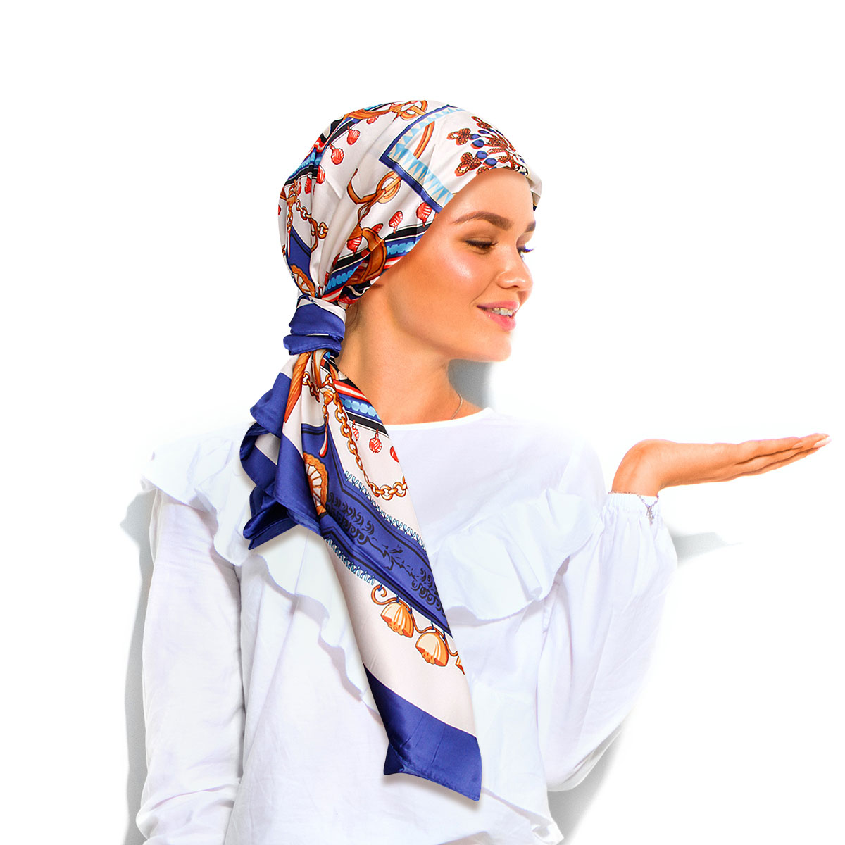 Blue Designer Silky Babushka Scarf