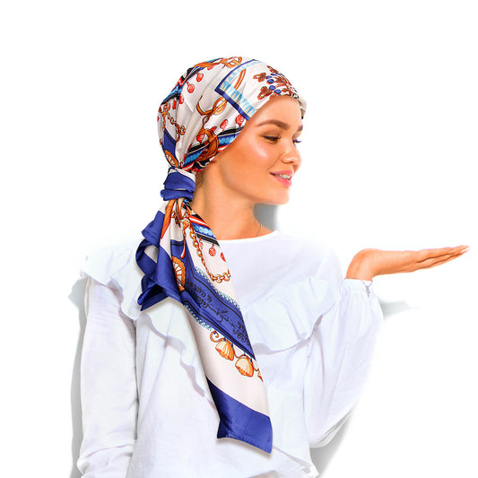 Blue Designer Silky Babushka Scarf