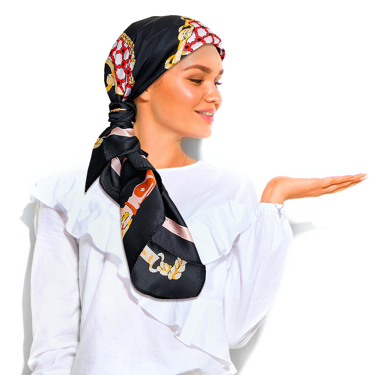 Black Designer Chain Silky Babushka Scarf