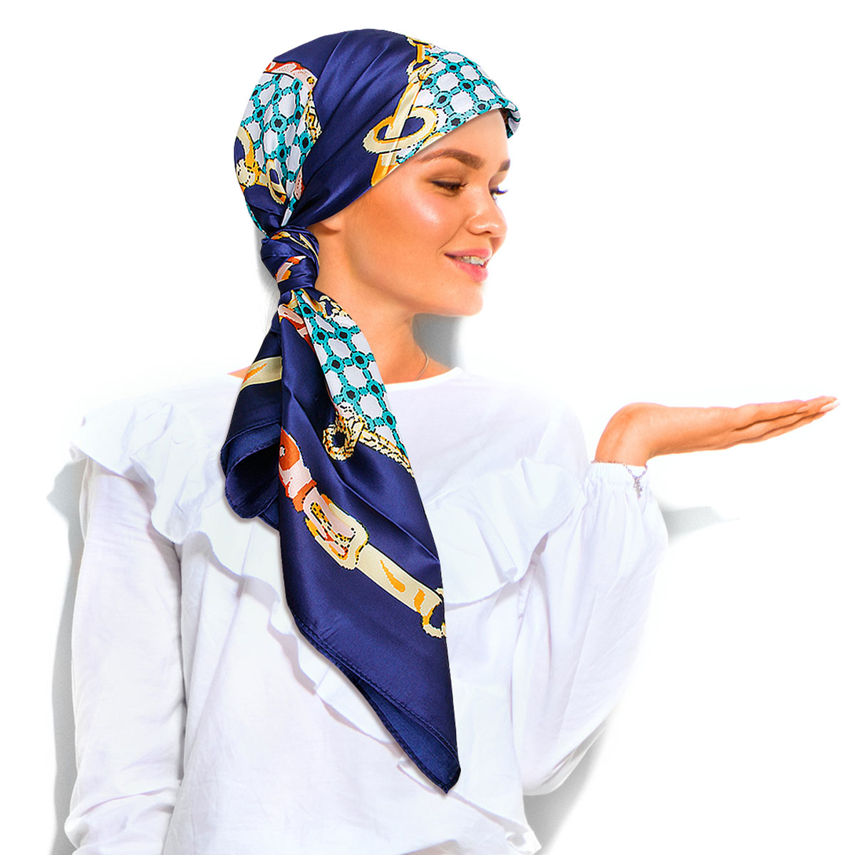 Navy Designer Chain Silky Babushka Scarf