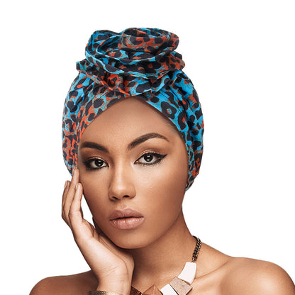 Blue Leopard Print Flower Turban
