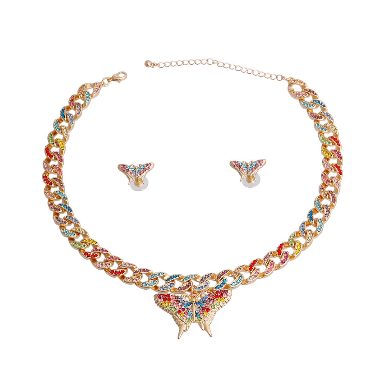 Rainbow Butterfly Pendant Cuban Chain Set