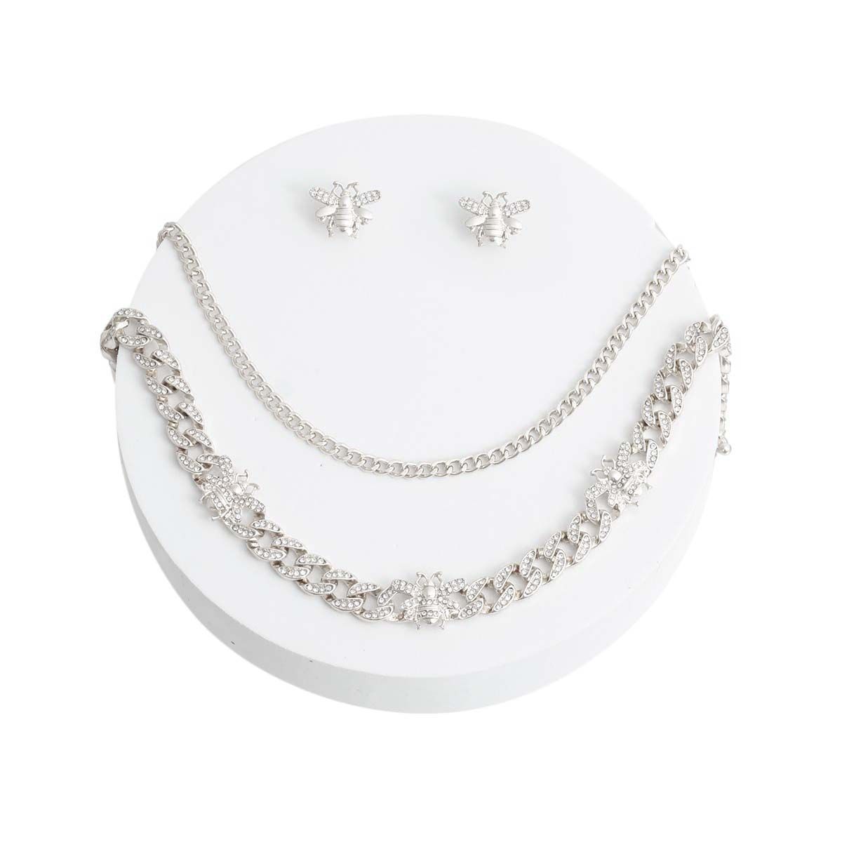 Silver Iced Bee Curb Chain Set
