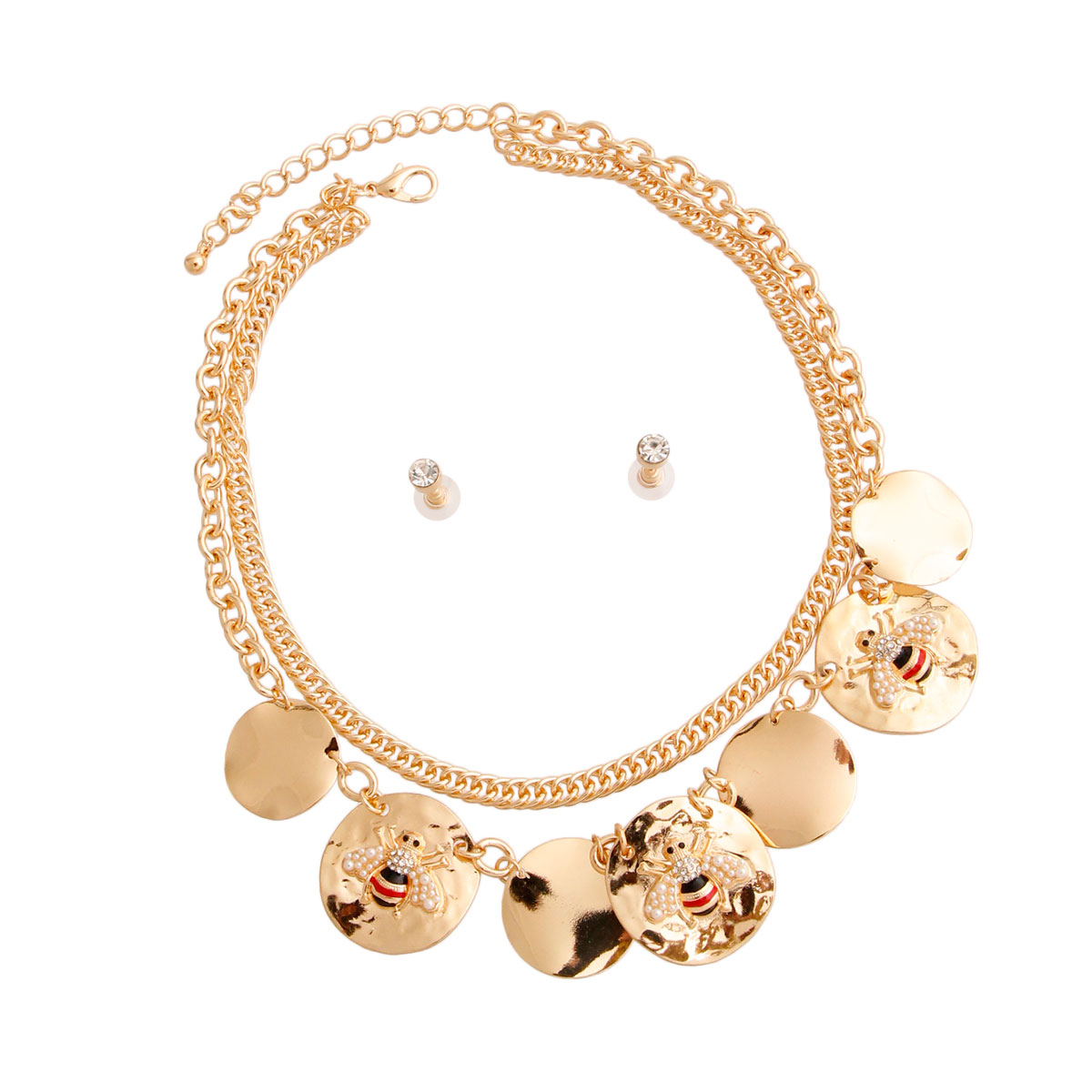 Gold Round Bee Charm Chain Set