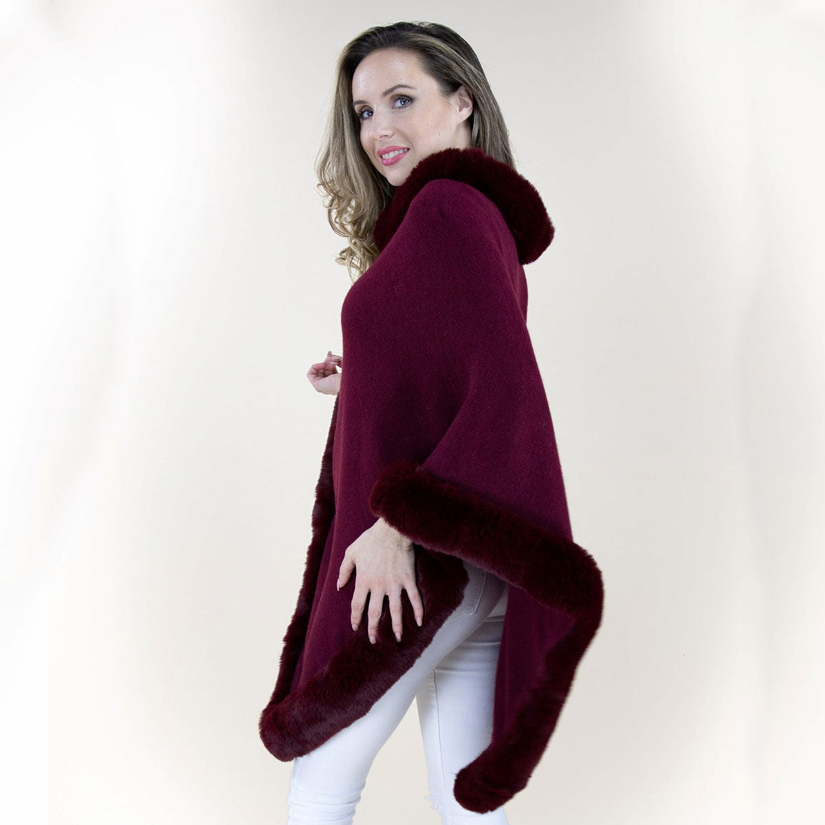 Poncho Burgundy Fur Trim for Women