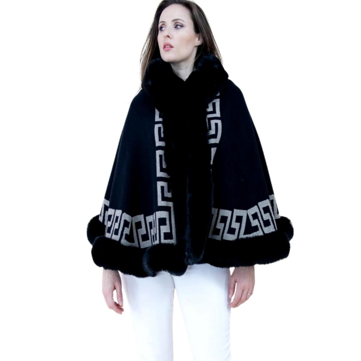 Black Faux Fur Greek Key Ruana