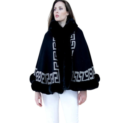 Black Faux Fur Greek Key Ruana