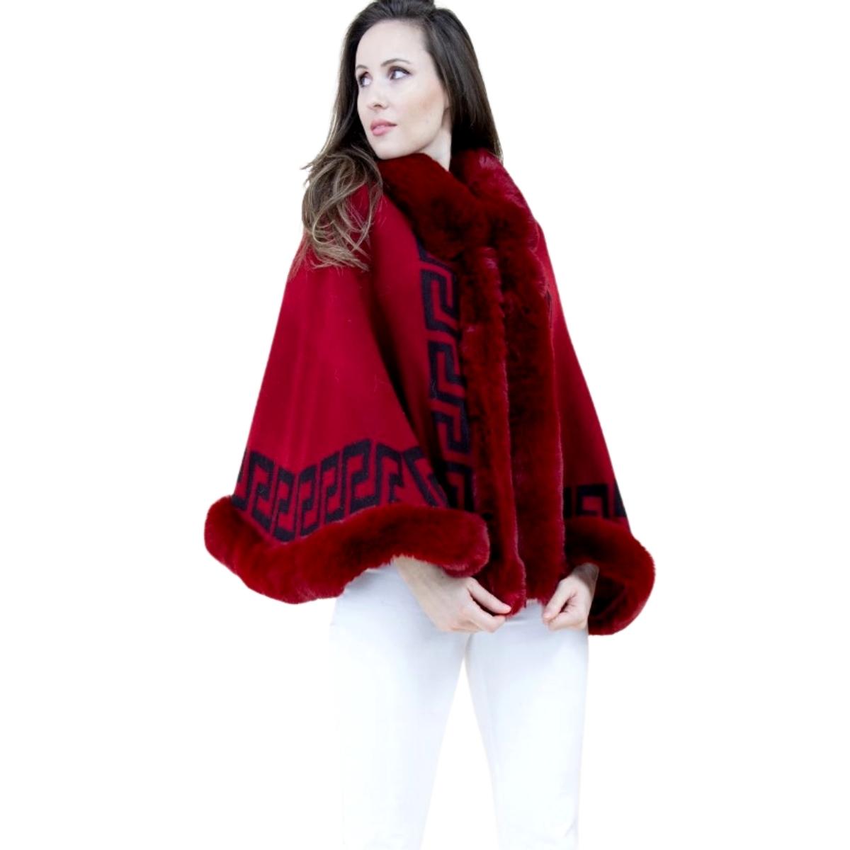 Burgundy Faux Fur Greek Key Ruana