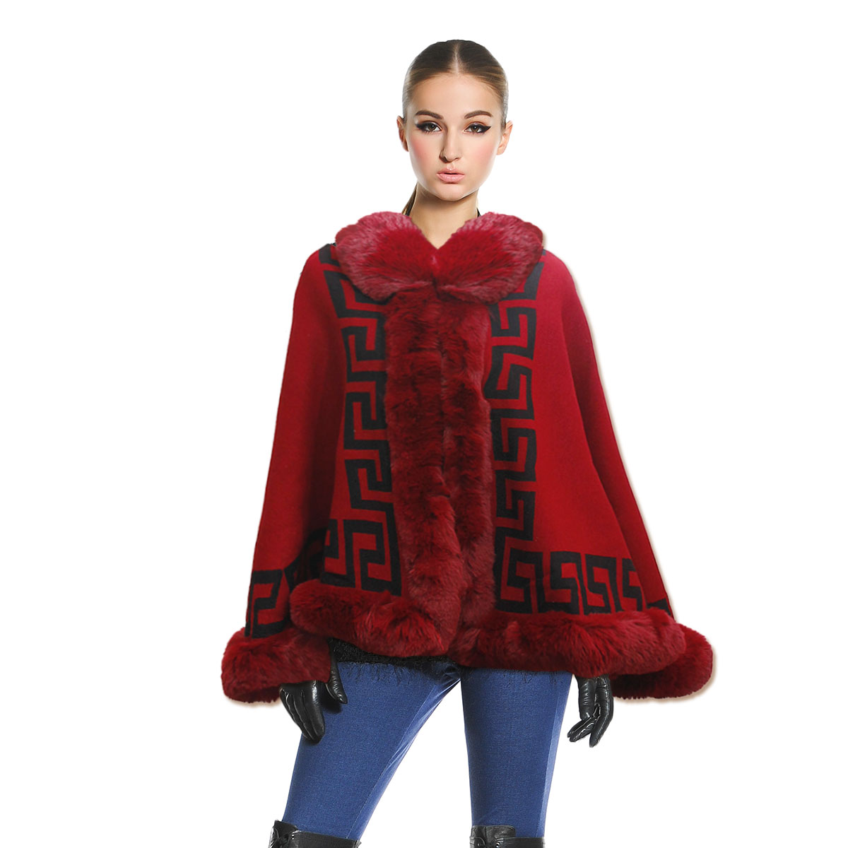 Burgundy Faux Fur Greek Key Ruana
