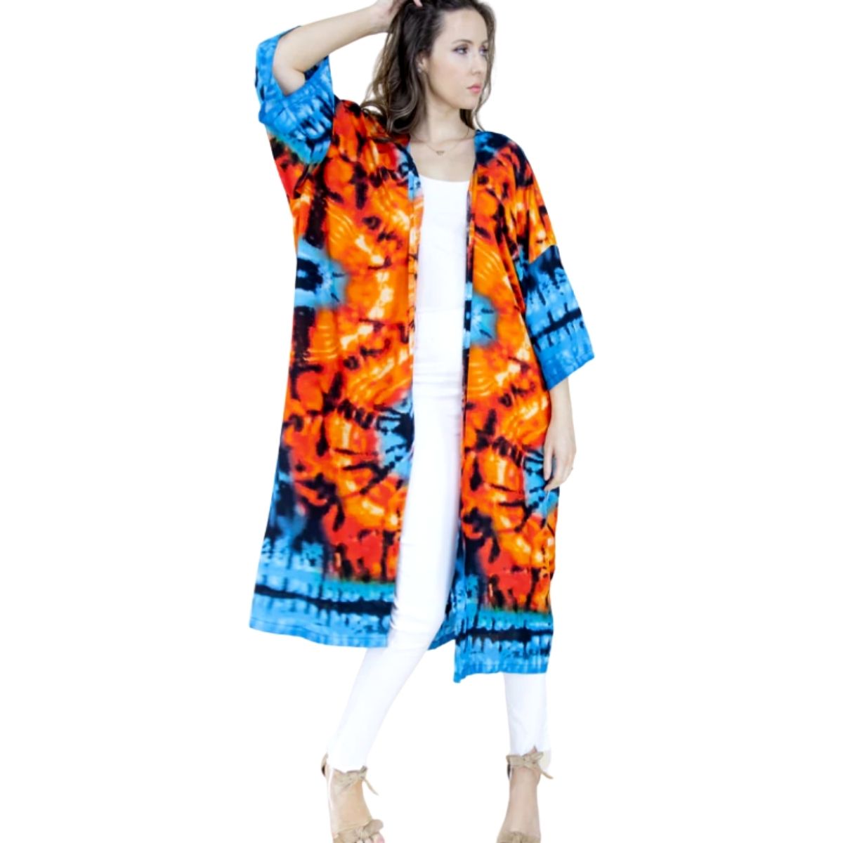Orange and Blue Tie Dye Long Kimono