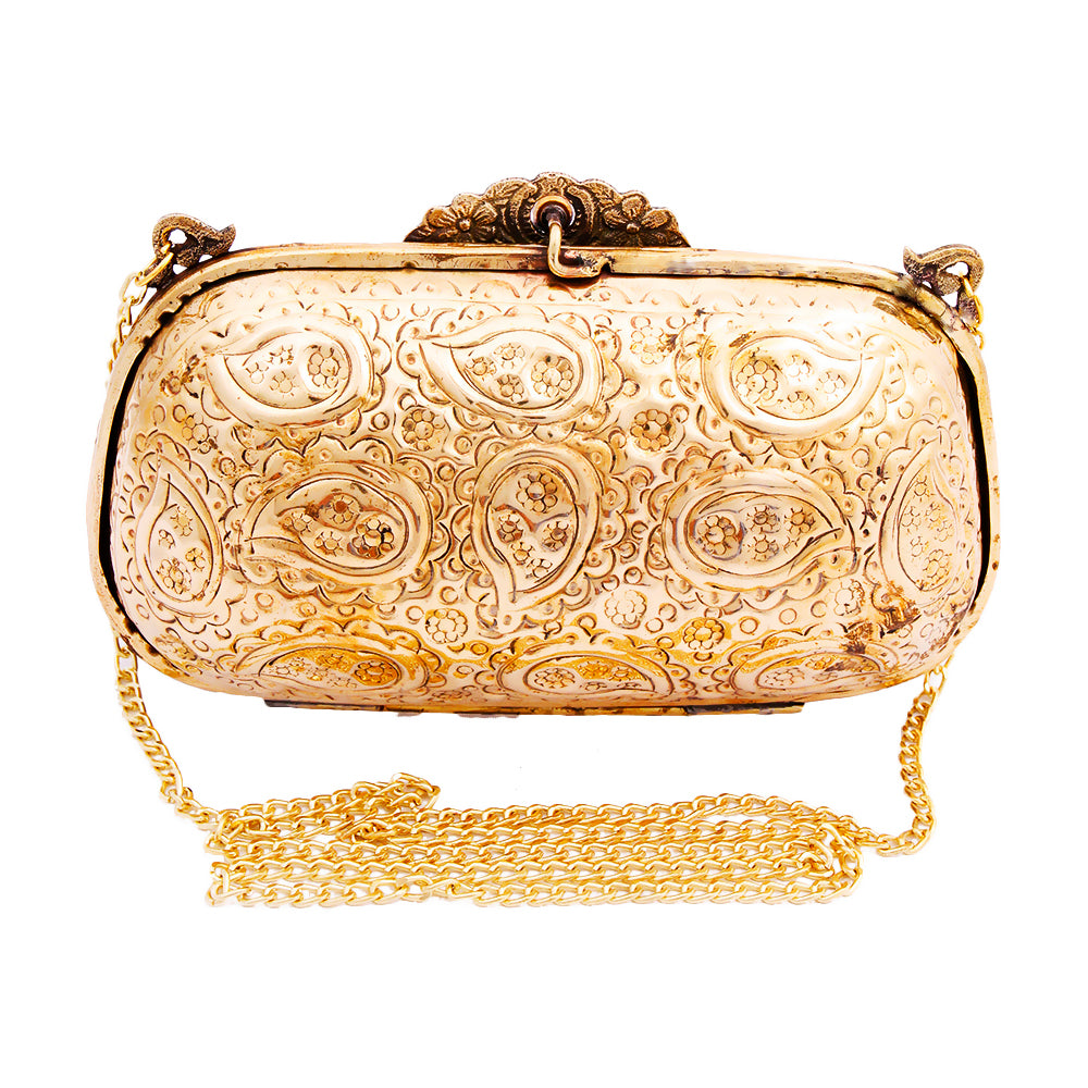 Brass Metal Hard Case Clutch with Etched Detail and Ball Closure