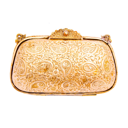 Brass Metal Hard Case Clutch with Etched Detail and Ball Closure